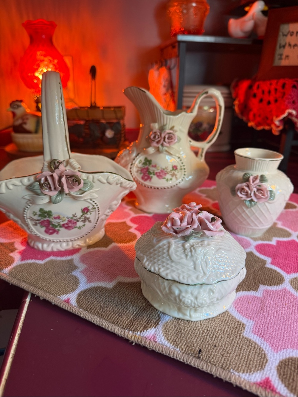 Vintage White Porcelain Rose Accent Vanity Set - Pink Floral Details 4 pieces